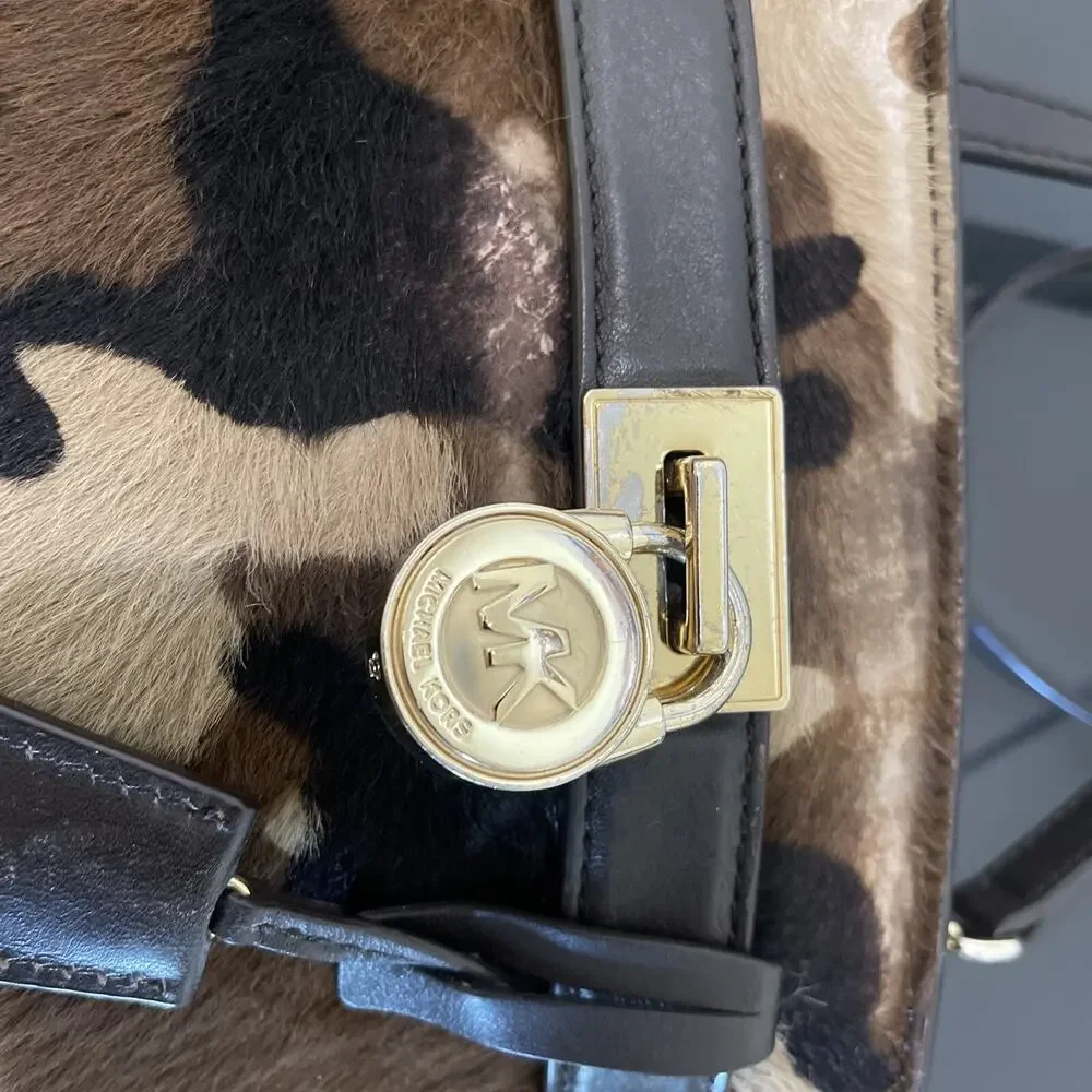 Michael Kors Hamilton Brown Suede Calf Hair Camouflage Handbag Purse Bag